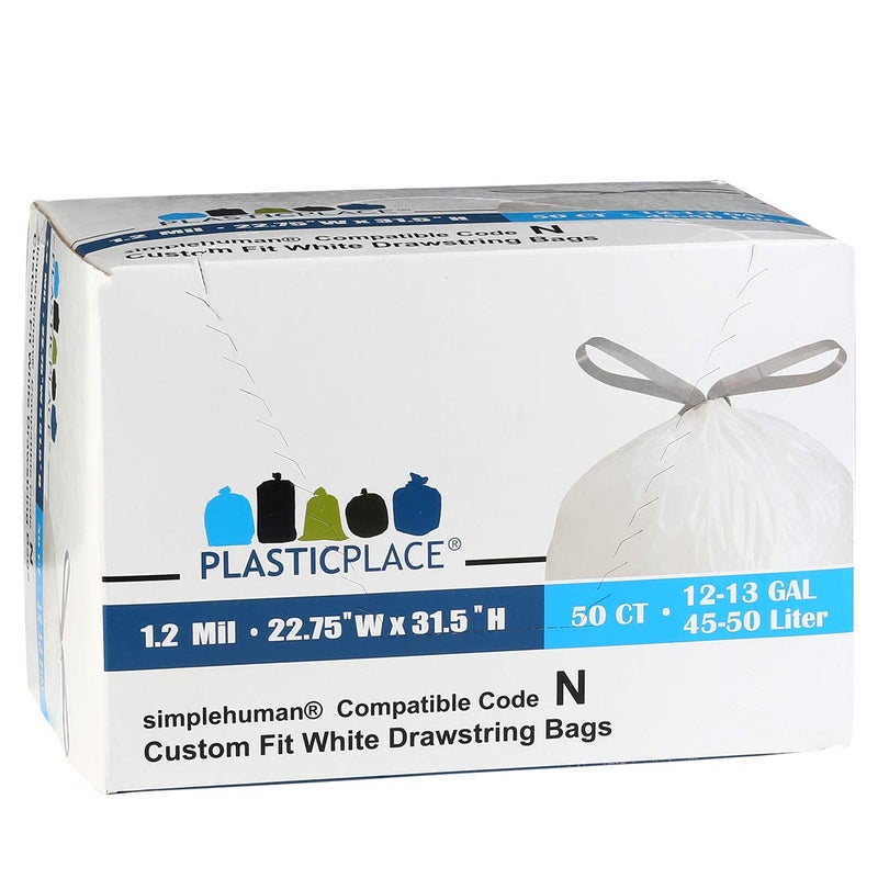 Plasticplace Custom Fit Trash Bags, Compatible with simplehuman Code N (50 Count) White Drawstring Garbage Liners 12-13 Gallon / 45-50 Liters, 22.5" x 31.5" - Image 5